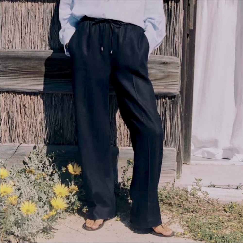 Zara Linen Blend Straight Leg Pants in Navy - L NWT